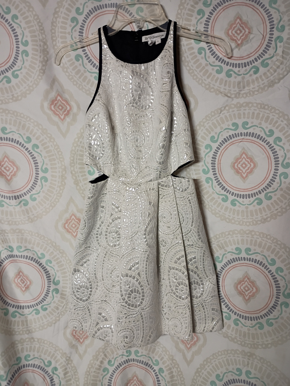 BCBGeneration White And Silver Mini Dress with Cut Out Side Design